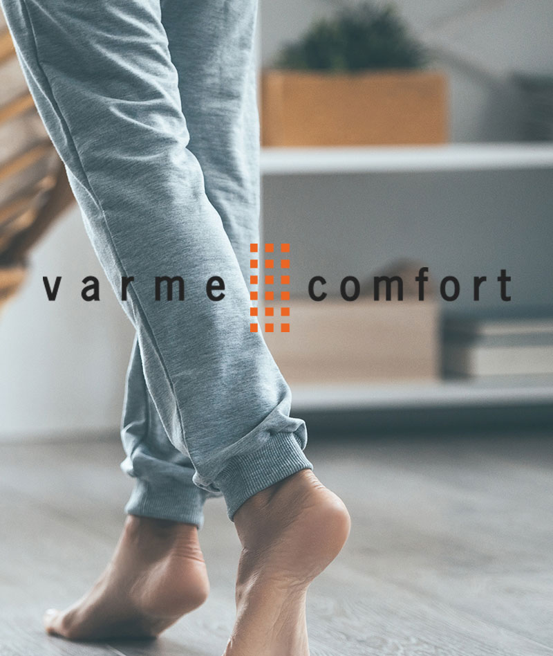 Om oss Kvinne, ben, føtter, tregulv, parkett, Varmecomfort logo